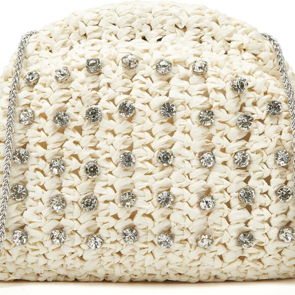 Stylish Rhinestone Straw Clutch with Unique Dumpling Design - Beach Ready - Picture 1 of 8